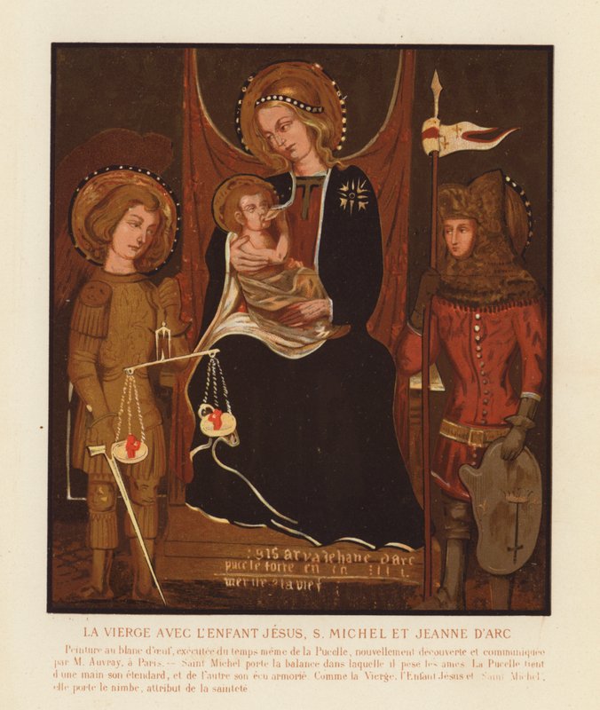 Szűz és gyermek Szent Mihállyal és Arc Jánossal (chromolitho) alkotó: French School