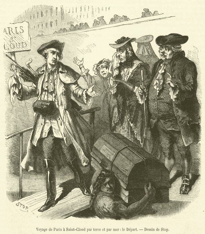Utazás Párizsból Saint-Cloudba szárazföldön és tengeren, Le Depart (metszet) alkotó: French School