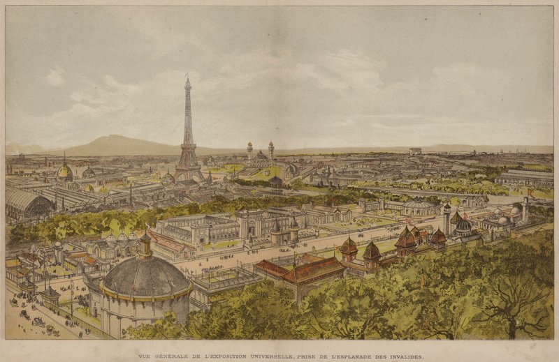 Általános nézet az egyetemes kiállításról, az Esplanade des Invalidesről (színes metszet) alkotó: French School