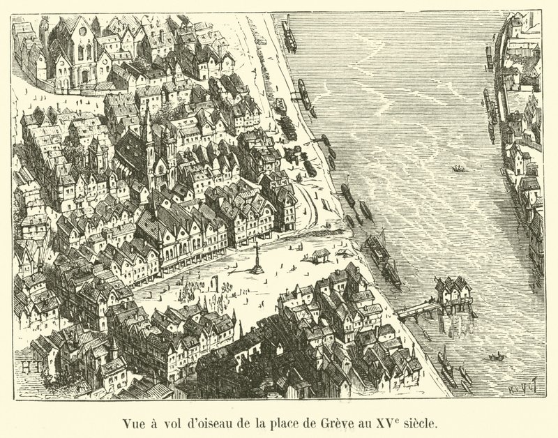 A Place de Greve madártávlati képe a 15. században alkotó: French School