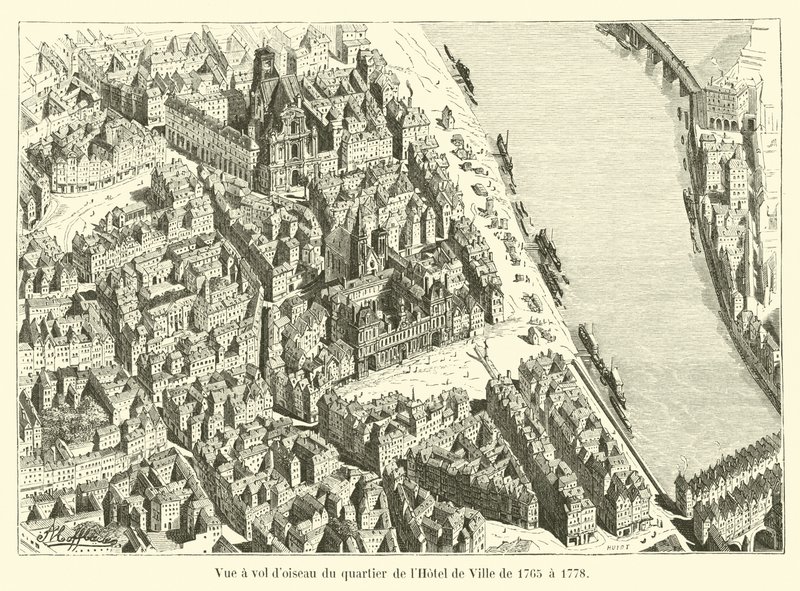A Hotel de Ville negyed madártávlati képe 1765 és 1778 között alkotó: French School