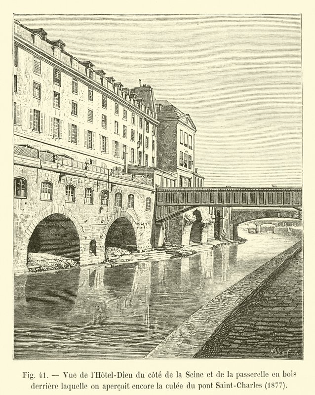 Kilátás a Hôtel-Dieu-ra a Szajna oldaláról és a fa gyaloghídról, amely mögött ma is látható a Saint-Charles híd pillére, 1877 alkotó: French School