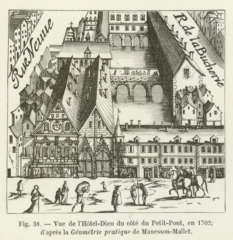 A Hôtel-Dieu kilátása a Petit-Pont oldalról, 1702-ben; Manesson-Mallet gyakorlati geometriája szerint alkotó: French School