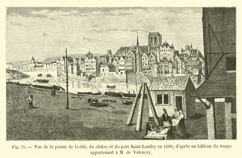 Kilátás a város csúcsára, a kolostorra és a Saint-Landry kikötőre 1590-ben; egy M de Valencayhez tartozó órarendből alkotó: French School