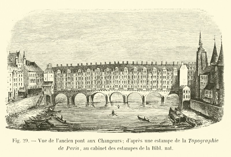 Kilátás a régi Changers hídra; nyomat után a párizsi topográfiából, a Bibl nat nyomdaszekrényében alkotó: French School