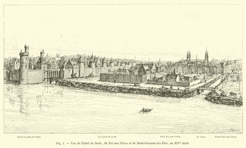 Kilátás a Hôtel de Nesle-re, a Pre aux Clercs-re és a Saint-Germain des Pres-re, a XIV. században alkotó: French School