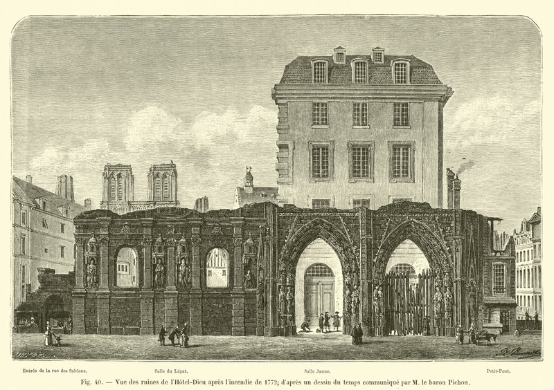 Kilátás a Hôtel-Dieu romjaira az 1772-es tűzvész után; M le báró Pichon által közölt korabeli rajzból alkotó: French School