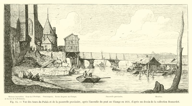 Kilátás a palota tornyára és az ideiglenes gyaloghídra, a Pont au Change 1621-es tűzvész után, a Bonnardot-gyűjtemény rajzáról alkotó: French School