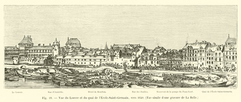 Kilátás a Louvre-ra és a Quai de lEcole-Saint-Germainre, 1640 körül, a La Belle-i metszet fakszimile alkotó: French School