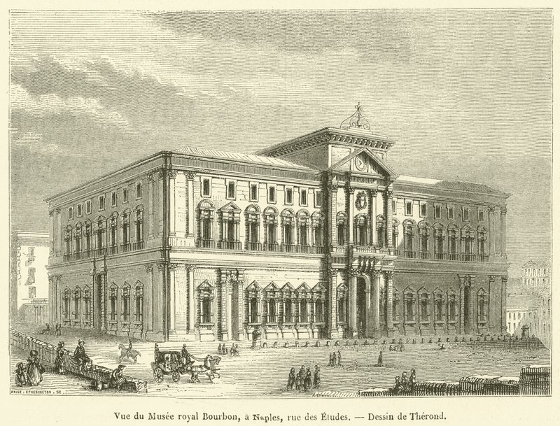 Kilátás a Royal Bourbon Múzeumra, Nápolyban, rue des Etudes (metszet) alkotó: French School
