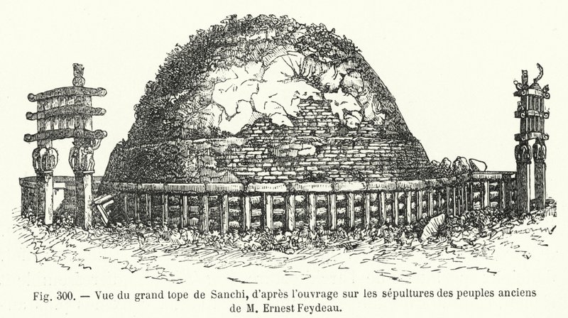 A Sanchi nagy csúcsának látképe, Ernest Feydeau Az ősi népek sírjairól című művéből (metszet) alkotó: French School