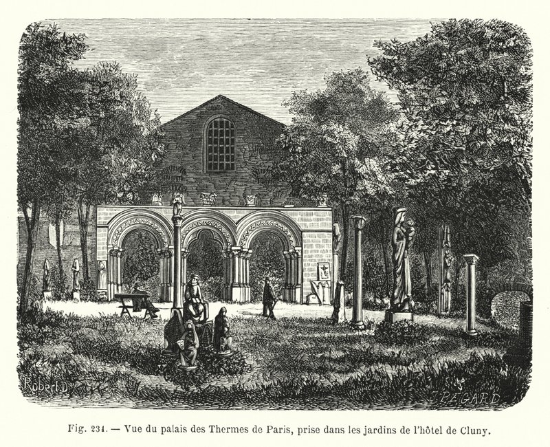 Kilátás a párizsi Palais des Thermesre, a Hôtel de Cluny kertjéből (metszet) alkotó: French School