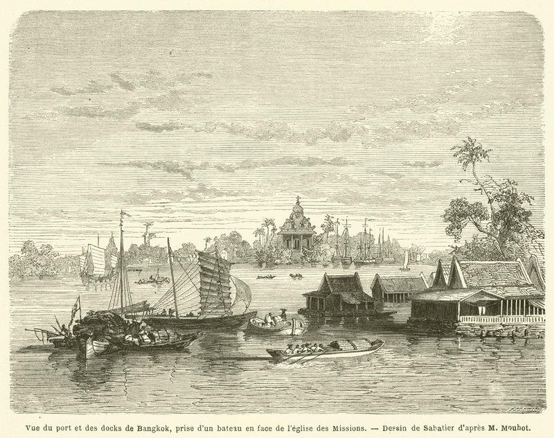 Kilátás Bangkok kikötőjére és dokkjaira, a Missziók temploma előtti hajóról (metszet) alkotó: French School