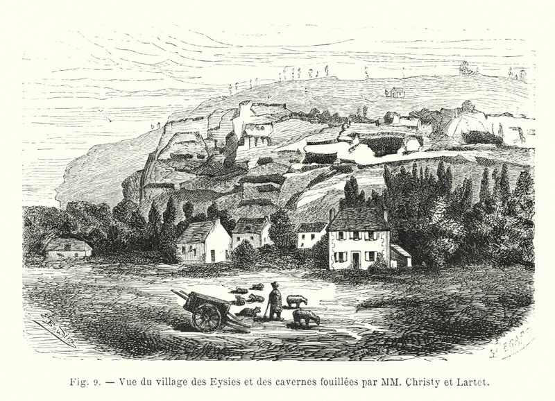 Kilátás Les Eysies falujára és az MM Christy és Lartet által feltárt barlangokra (metszet) alkotó: French School