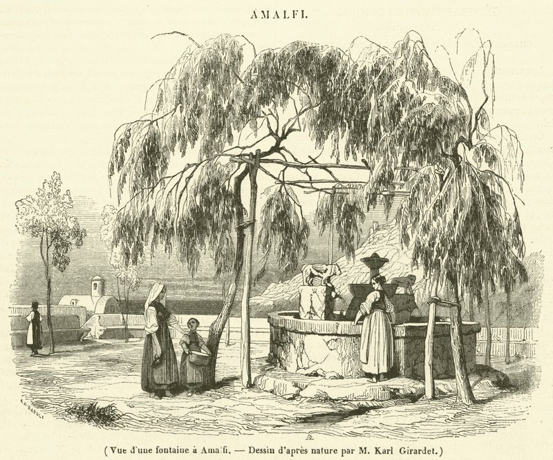 Egy szökőkút látványa Amalfiban (metszet) alkotó: French School