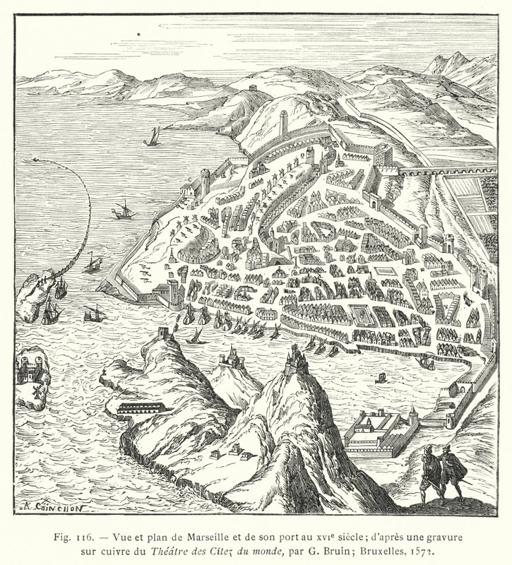 Marseilla és kikötőjének képe és terve a 16. században; a Theater des Citez du monde rézmetszetéből, G Bruin; Brüsszel alkotó: French School
