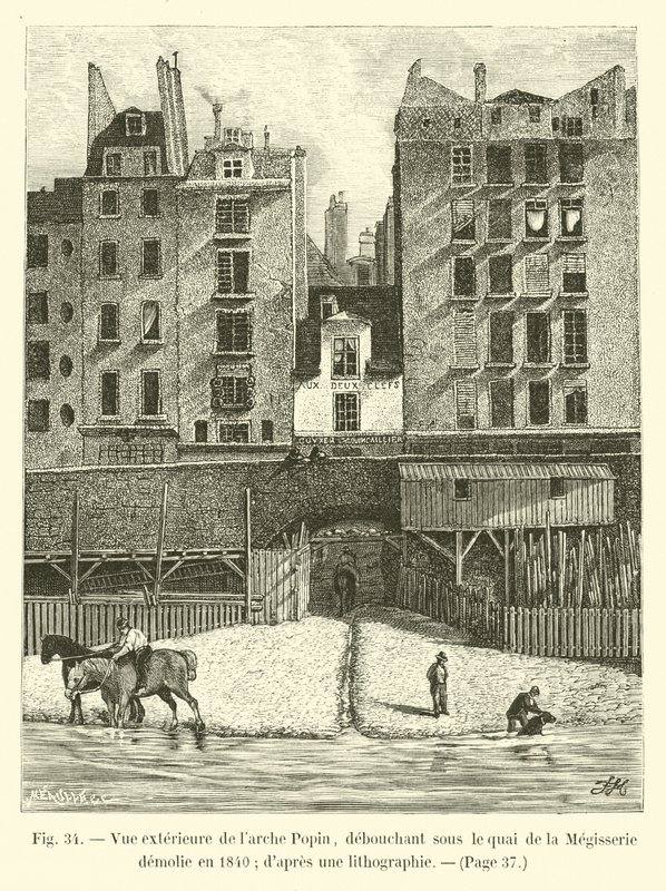 Az 1840-ben lebontott Quai de la Megisserie alatt felbukkanó Popin-ív külső képe; litográfiáról alkotó: French School