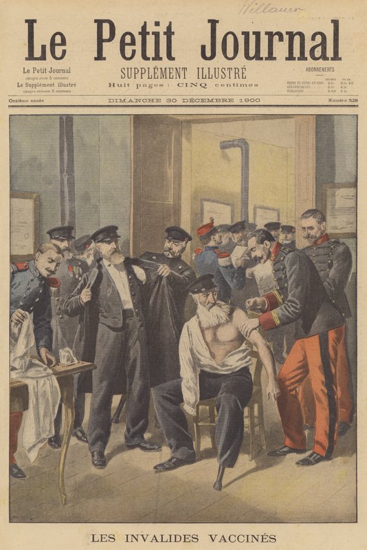 Himlőoltásban részesülő háborús veteránok (színes litho) alkotó: French School