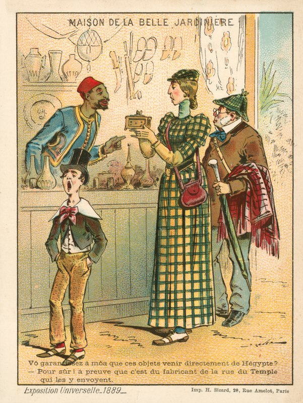 Egyiptomi tárgyakat vizsgáló nő, Exposition Universelle 1889, Párizs (chromolitho) alkotó: French School