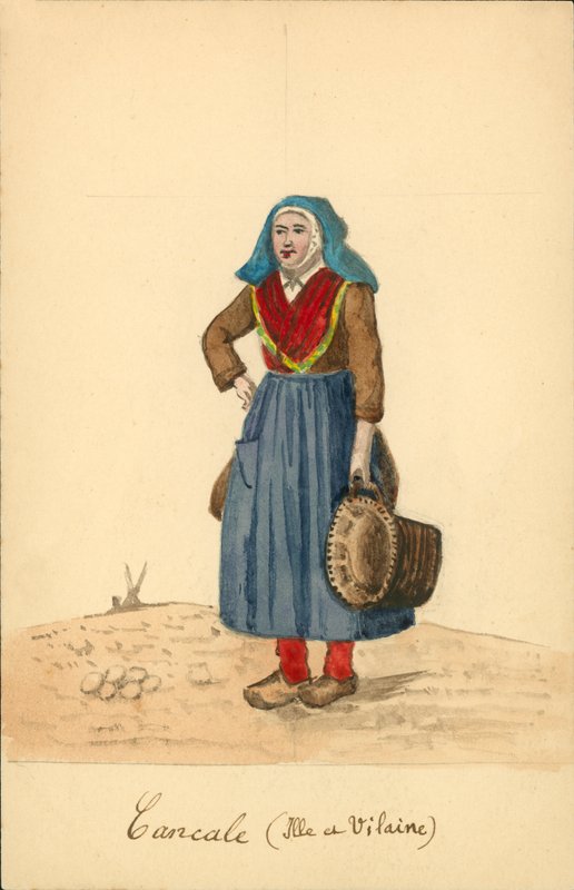 Cancale-i női viselet, Ille-et-Vilaine (színes lithó) alkotó: French School