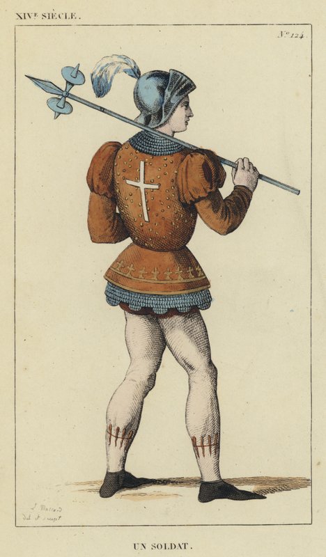 XIV. század, Egy katona (színes metszet) alkotó: French School