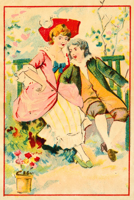 Fiatal pár egy padon a kertben (chromolitho) alkotó: French School