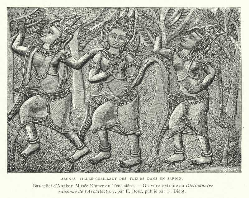 Fiatal lányok virágot szednek egy kertben, Angkorból, Kambodzsa (metszet) alkotó: French School
