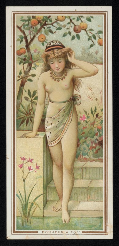 Fiatal nő a kertben, üdvözlőlap. (chromolitho) alkotó: French School