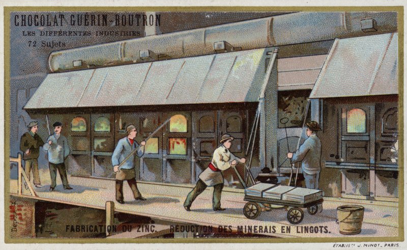 Cink gyártás. Érc redukálása tuskóvá (chromolitho) alkotó: French School