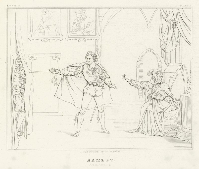 Hamlet, III. felvonás, 4. jelenet (metszet) alkotó: Friedrich August Moritz Retzsch
