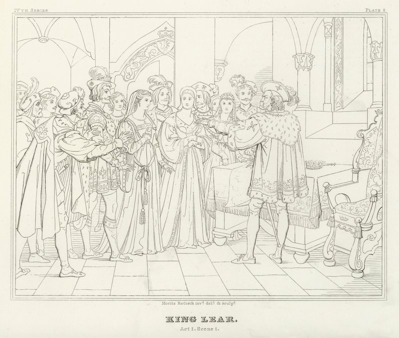 Lear király, I. felvonás, 1. jelenet (metszet) alkotó: Friedrich August Moritz Retzsch