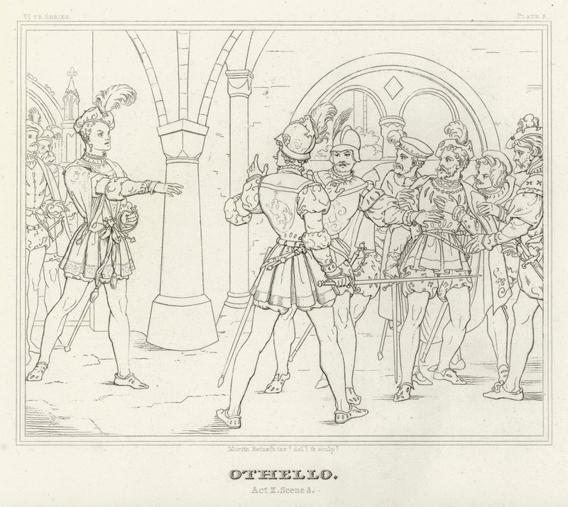 Othello, II. felvonás, 3. jelenet (metszet) alkotó: Friedrich August Moritz Retzsch