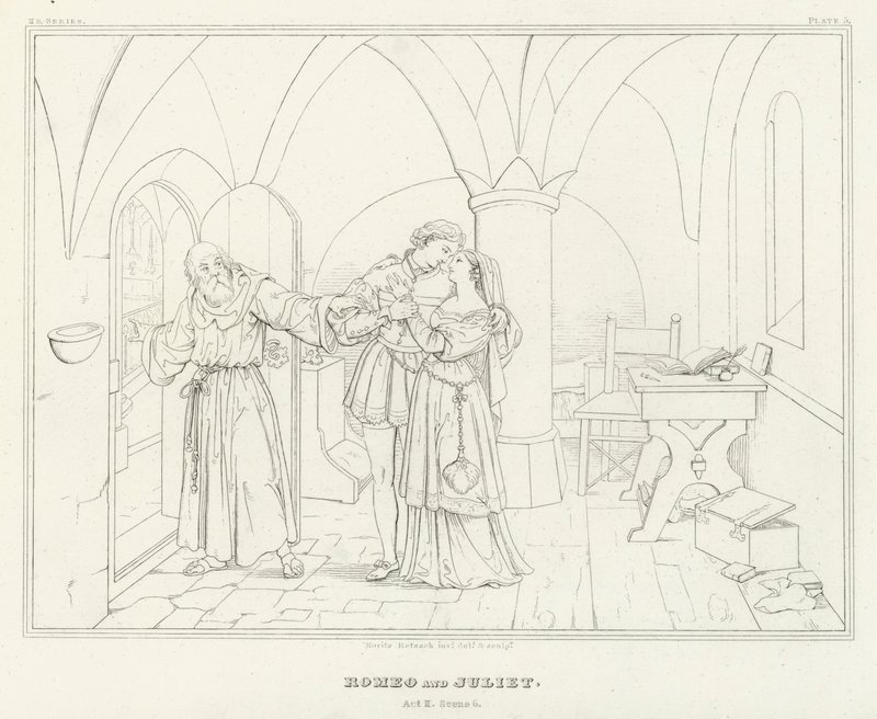 Rómeó és Júlia, II. felvonás, 6. jelenet (metszet) alkotó: Friedrich August Moritz Retzsch