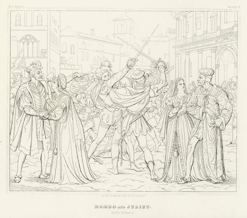 Rómeó és Júlia, I. felvonás, 1. jelenet (metszet) alkotó: Friedrich August Moritz Retzsch
