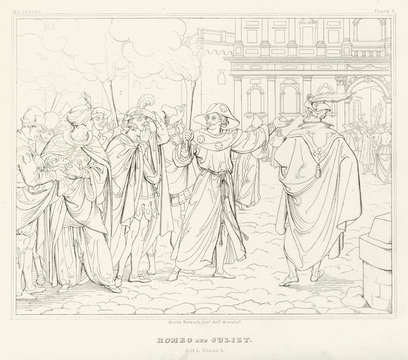 Rómeó és Júlia, I. felvonás, 4. jelenet (metszet) alkotó: Friedrich August Moritz Retzsch