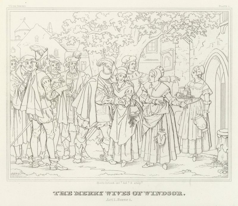 Windsor vidám feleségei, I. felvonás, 1. jelenet (metszet) alkotó: Friedrich August Moritz Retzsch