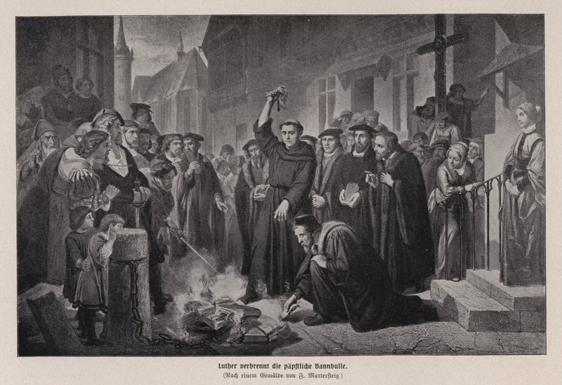 Luther Márton elégette a pápai bullát a németországi Wittenbergben alkotó: Friedrich Wilhelm Heinrich Martersteig