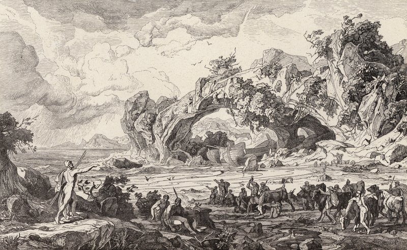 Héliosz szent szarvasmarhájának megölése (metszet) alkotó: Friedrich the Elder Preller
