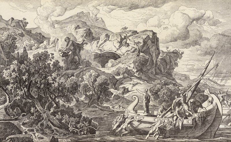 Odüsszeusz elhagyja a küklopszok szigetét (metszet) alkotó: Friedrich the Elder Preller