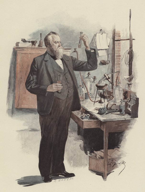 Kammersänger Albert Niemann mint vegyész (Albert Niemann operaénekes mint vegyész) (színes litó) alkotó: Fritz Gehrke