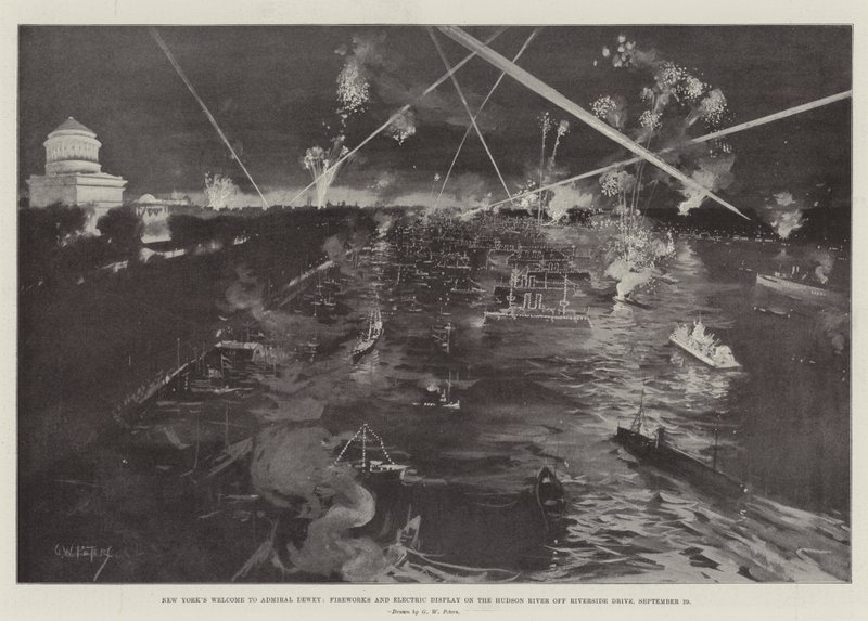New York-i üdvözlet az Admiral Deweynél, tűzijáték és elektromos kijelző a Hudson folyón a Riverside Drive mellett, szeptember 29. alkotó: G. W. Peters