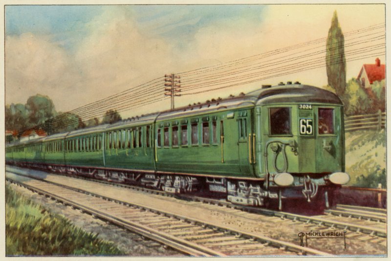 A déli vasút, Electric Express a London Bridge-től Eastbourne-ig (színes litó) alkotó: G.P. Micklewright