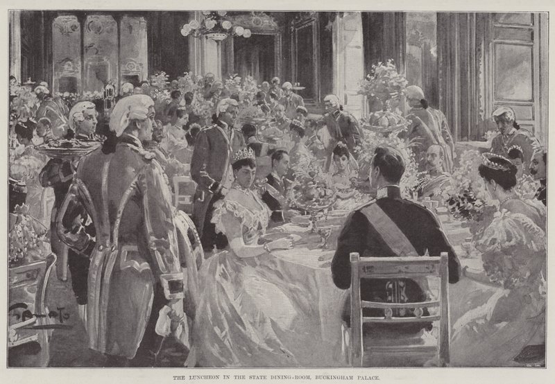 Ebéd a Buckingham-palota állami ebédlőjében alkotó: G.S. Amato