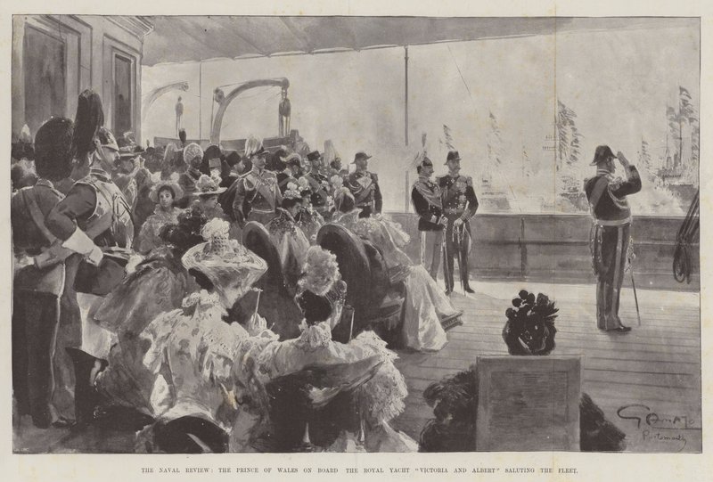 A Naval Review, a walesi herceg a Victoria Royal Yacht fedélzetén és Albert tiszteleg a flotta előtt alkotó: G.S. Amato
