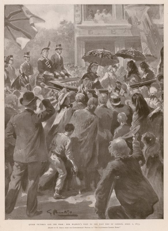 Viktória királynő és a szegények: a királynő látogatása London East End-én, 1873. április 2. (fotogravír) alkotó: G.S. (after) Amato