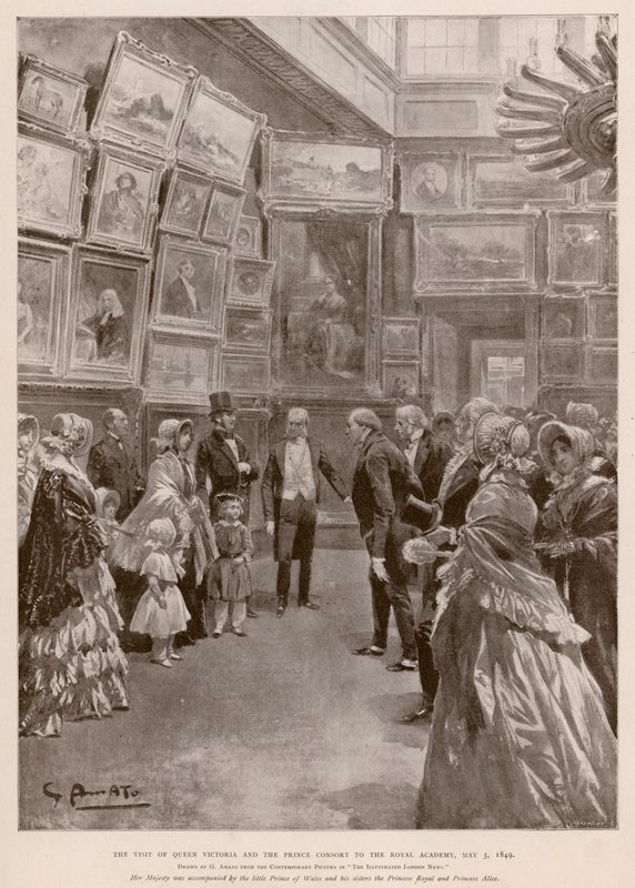 Viktória királynő és Albert hercegnő látogatása a Royal Academy-n, London, 1849. május 3. (fénynyomat) alkotó: G.S. (after) Amato