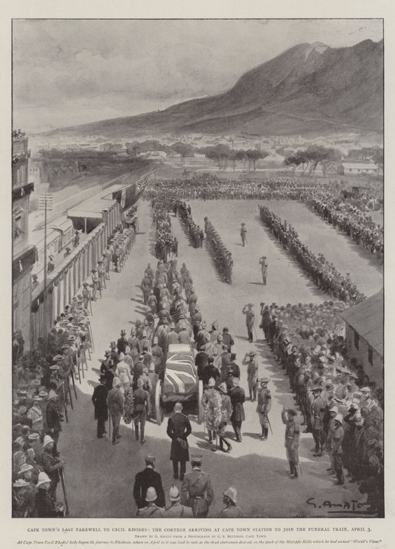 Fokváros utolsó búcsúja Cecil Rhodestól, a Cortege megérkezik Fokváros állomására, hogy csatlakozzon a temetkezési vonathoz, április 3. alkotó: G.S. Amato