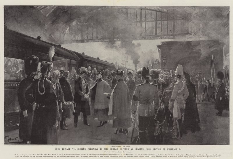 VII. Edward király február 5-én búcsúzik a német császártól a Charing Cross pályaudvaron alkotó: G.S. Amato