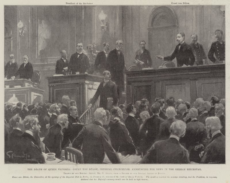 Viktória királynő halála, von Bulow gróf, birodalmi kancellár, aki hírt adott a német Reichstagban alkotó: G.S. Amato