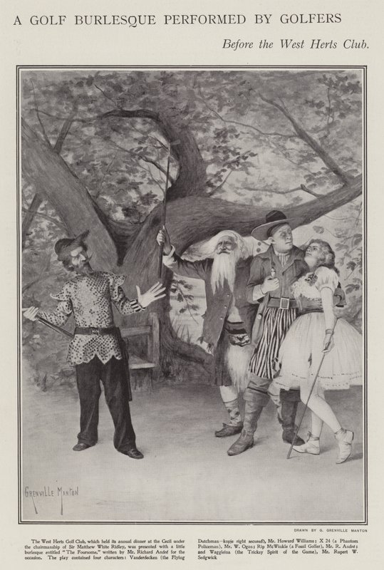 Golfburleszk golfozók előadásában a West Herts Club éves vacsoráján (litho) alkotó: G. Grenville Manton